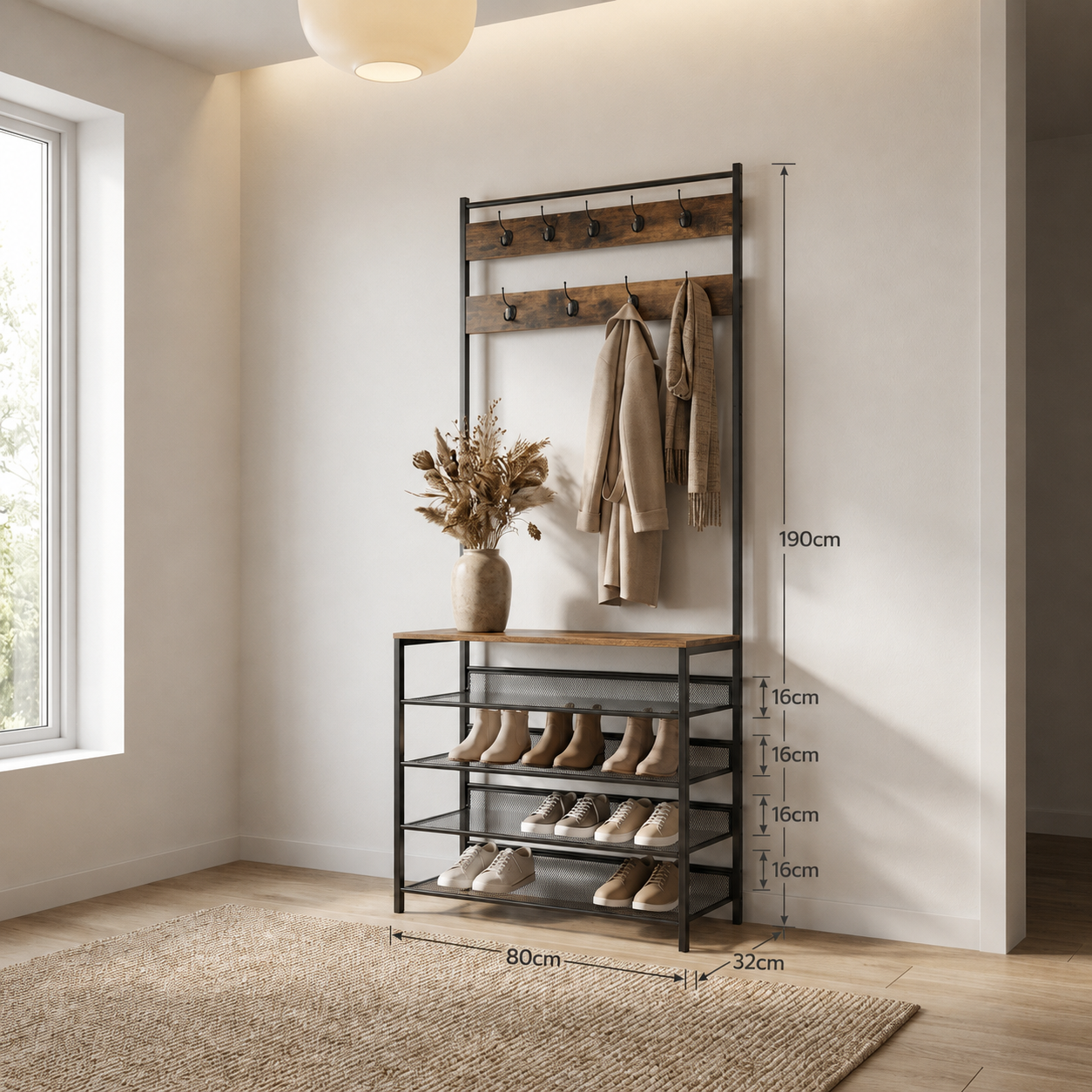 Hall Tree Coat Rack Stand with 5 Tier Shoe Bench - Hallway Entryway Shoe Storage Organiser