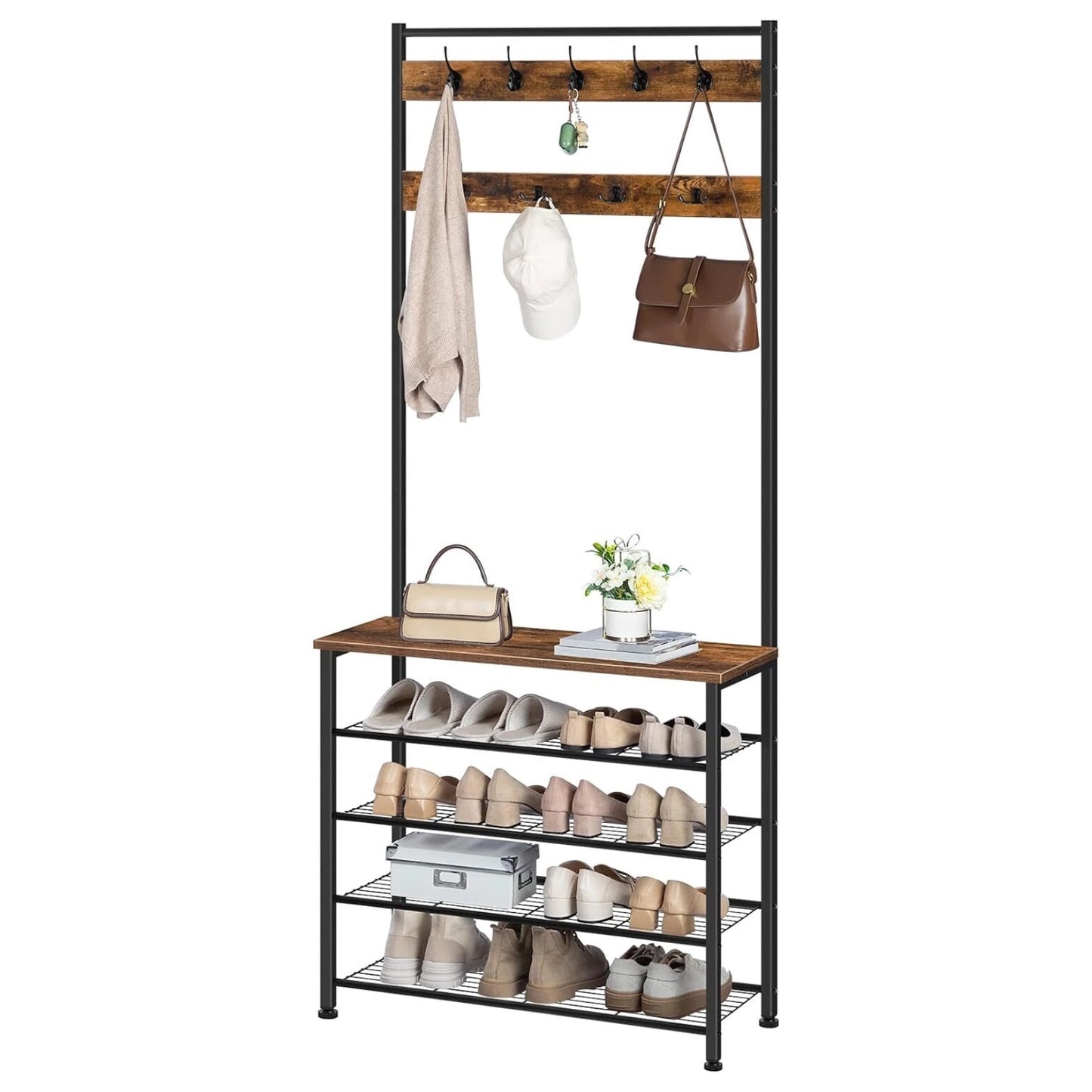 Coat Rack Stand with 5 Tier Shoe Bench - Hallway Entryway Shoe Storage Organiser