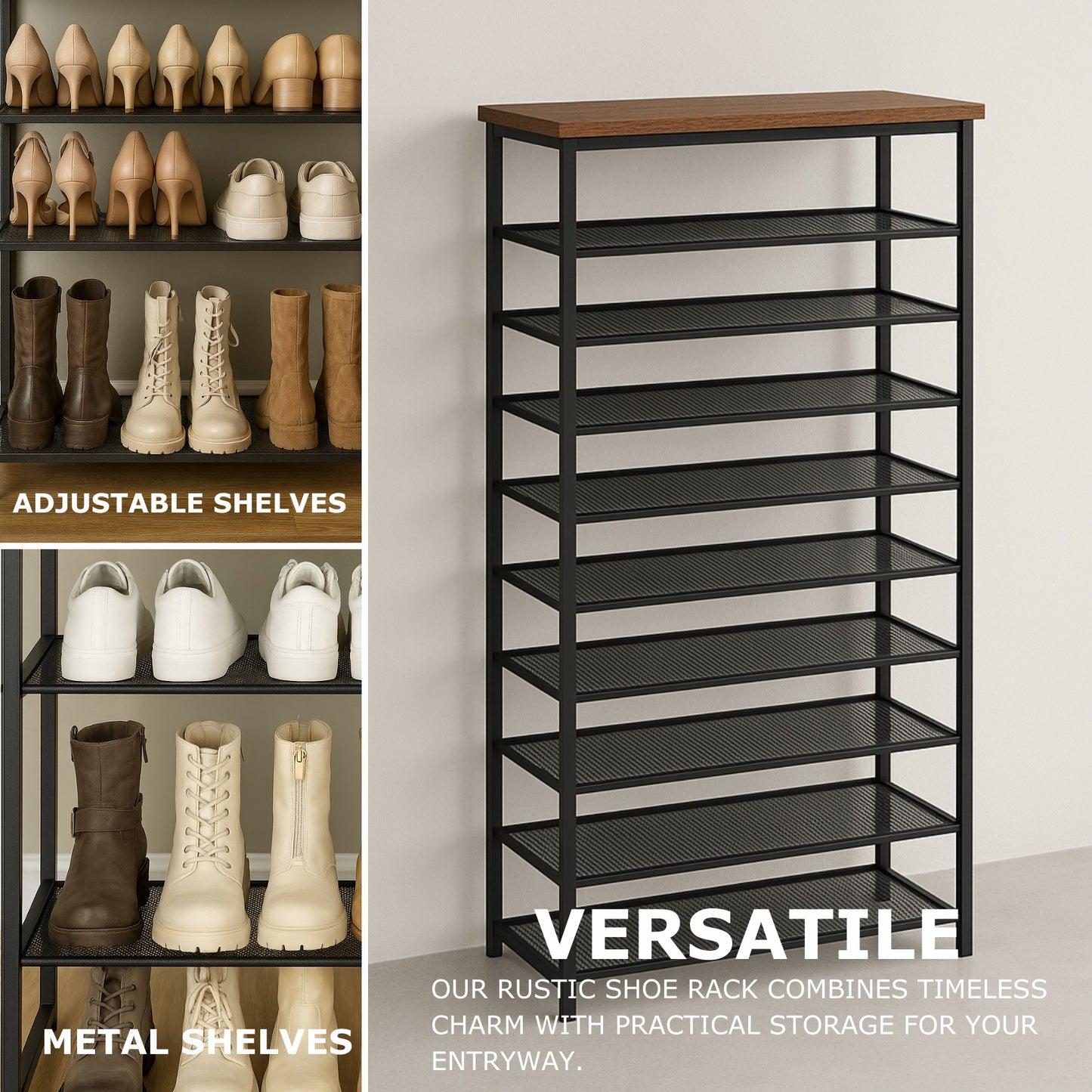 10 Tier Tall Shoe Rack - Free Standing Shoe Storage Organiser for 30 Pairs