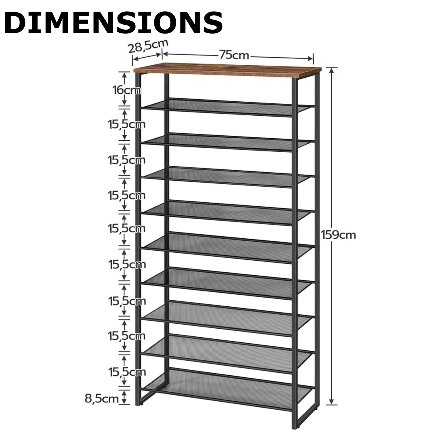 10 Tier Tall Shoe Rack - Free Standing Shoe Storage Organiser for 30 Pairs
