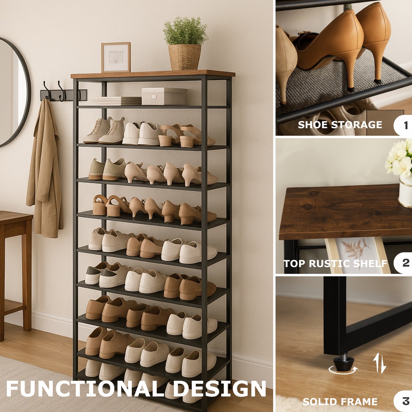 10 Tier Tall Shoe Rack - Free Standing Shoe Storage Organiser for 30 Pairs