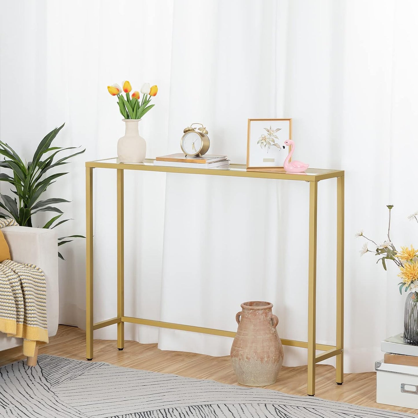 Gold Metal Console Table - Modern Hallway Entryway Narrow Side Table