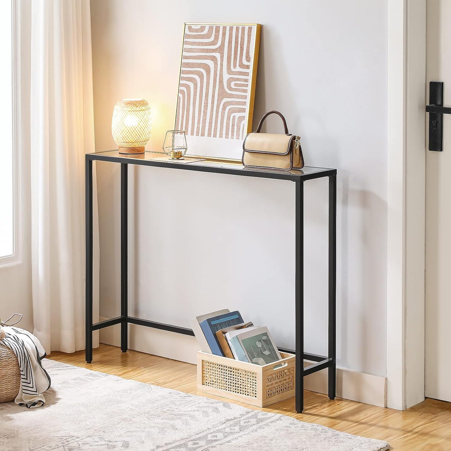 Black Metal Console Table - Modern Hallway Entryway Narrow Side Table