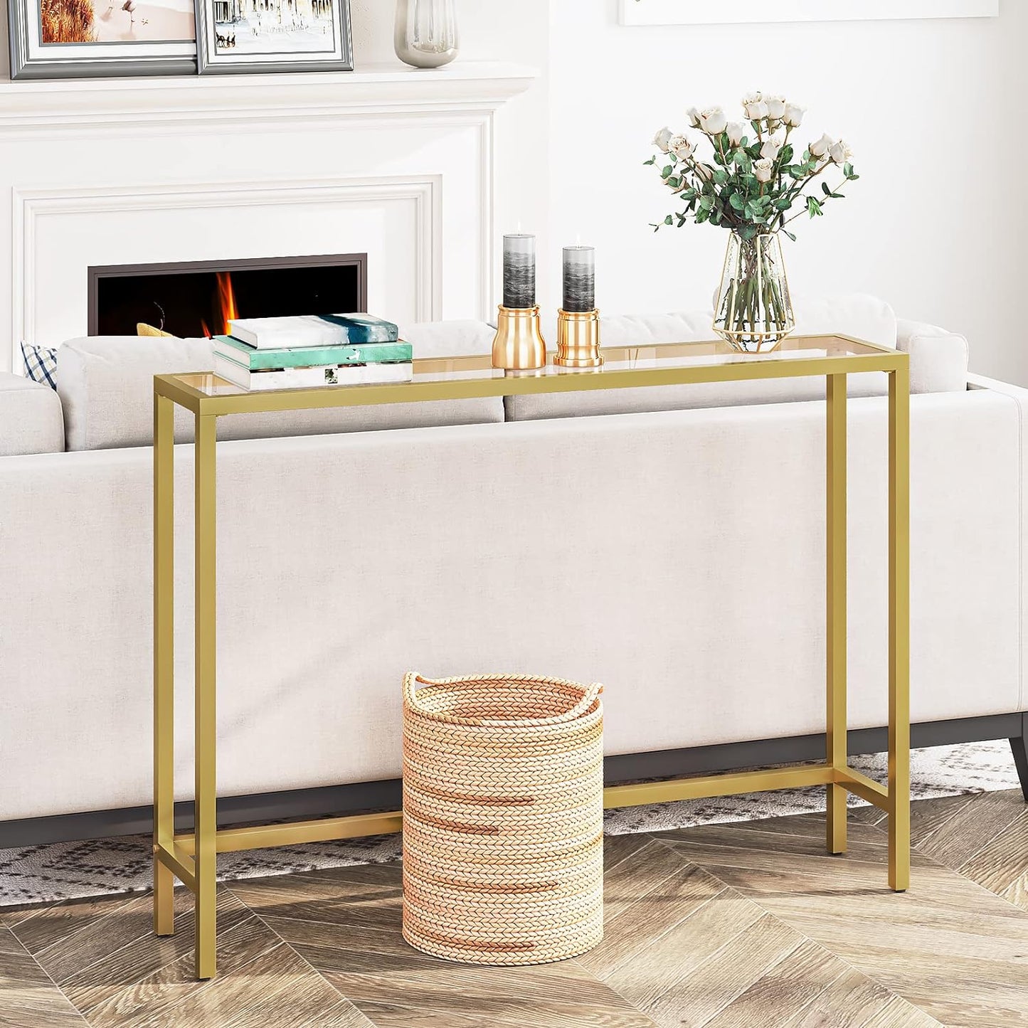 Gold Metal Console Table - Modern Hallway Entryway Narrow Side Table