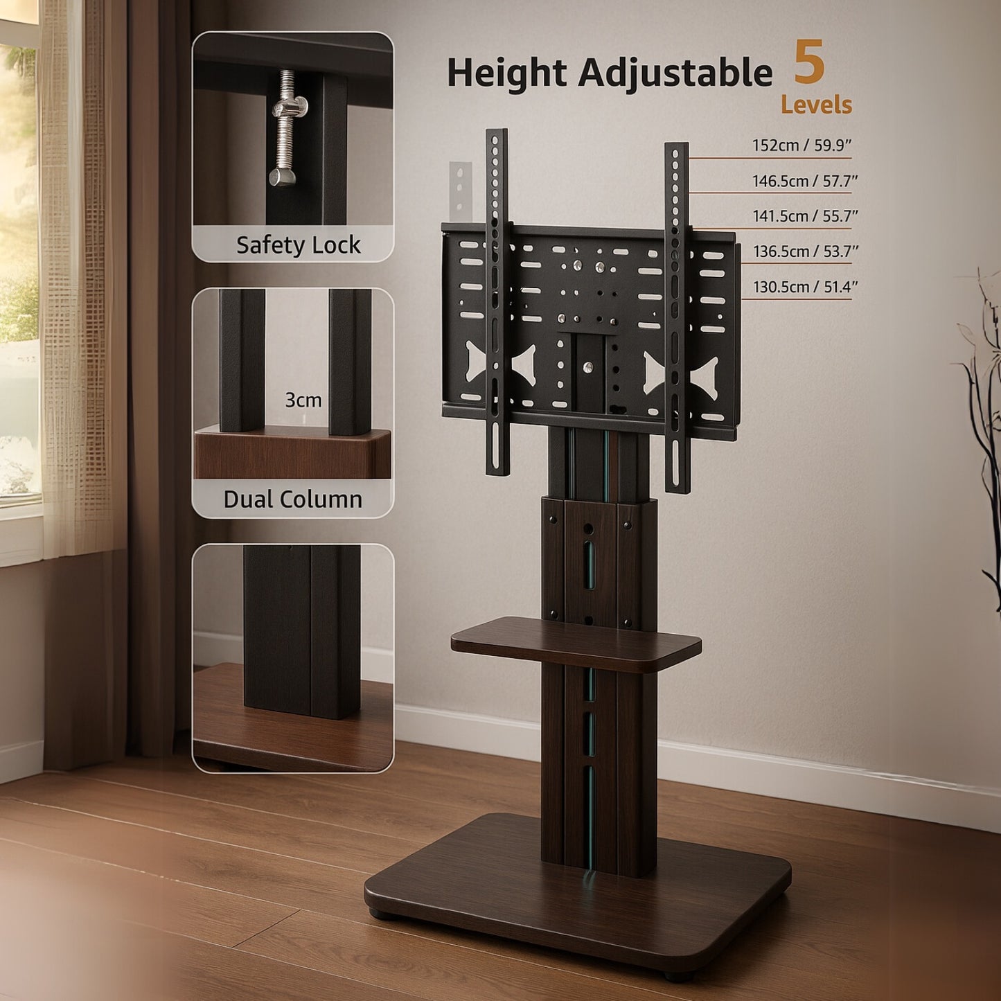 2 Tier Adjustable TV Floor Stand with 2 Shelves - Universal TV Mount 32-65 Inch
