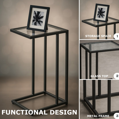 Tempered Glass C-Shaped Side Table - Metal Sofa End Table for Living Room Black