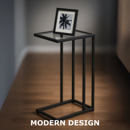 Tempered Glass C-Shaped Side Table - Metal Sofa End Table for Living Room Black