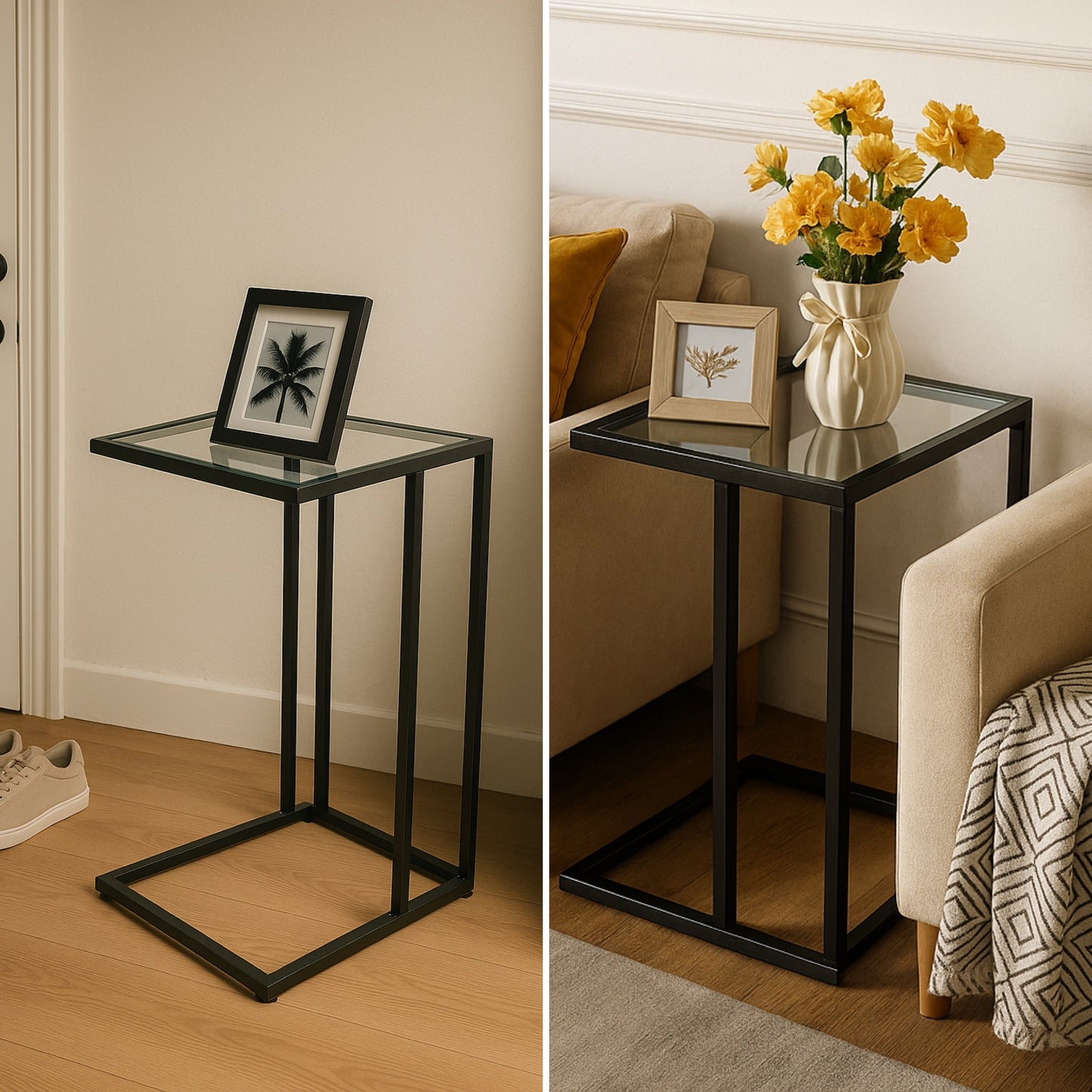 Tempered Glass C-Shaped Side Table - Metal Sofa End Table for Living Room Black