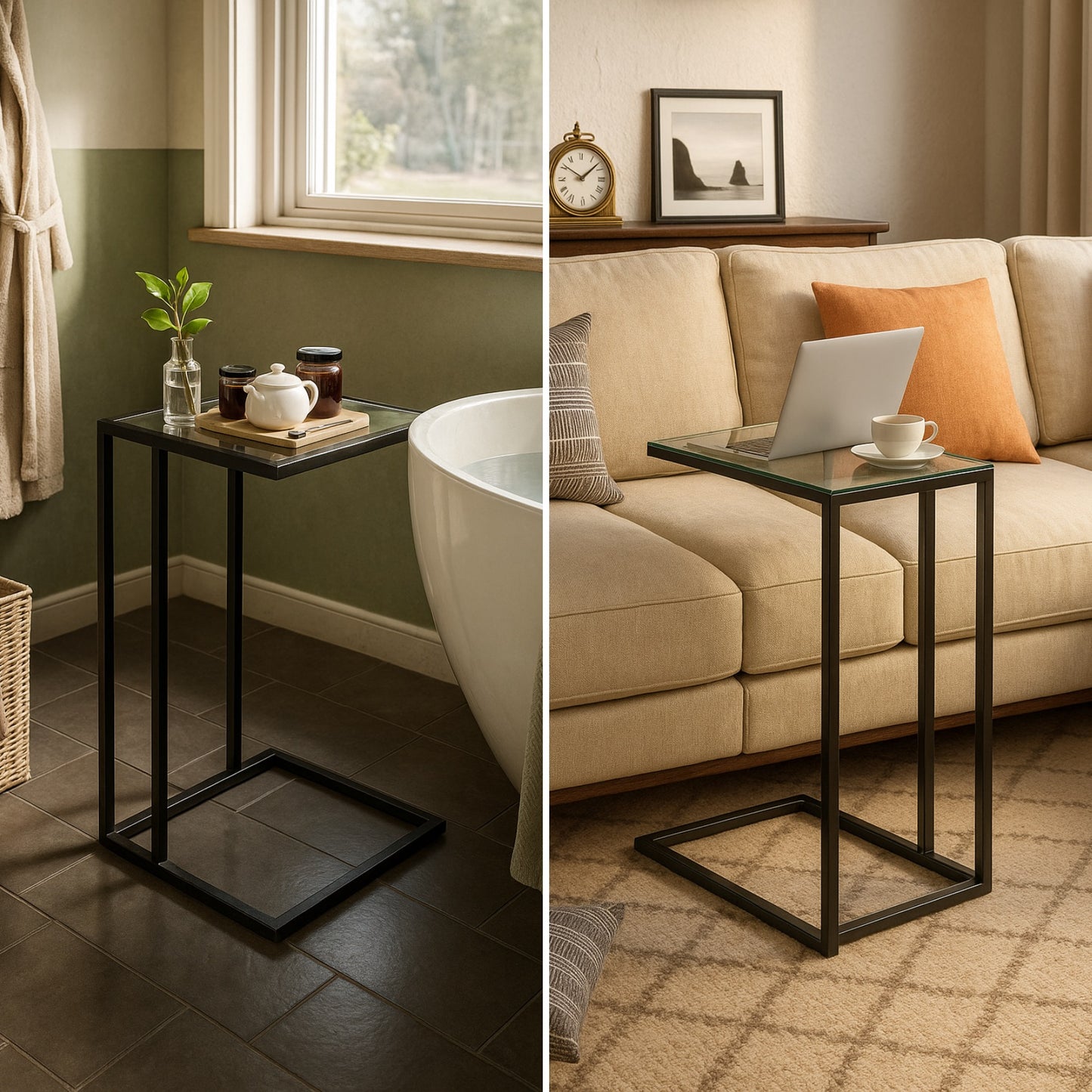 Tempered Glass C-Shaped Side Table - Metal Sofa End Table for Living Room Black