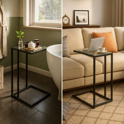 Tempered Glass C-Shaped Side Table - Metal Sofa End Table for Living Room Black