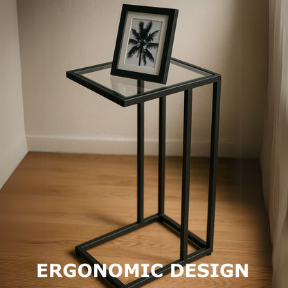 Tempered Glass C-Shaped Side Table - Metal Sofa End Table for Living Room Black