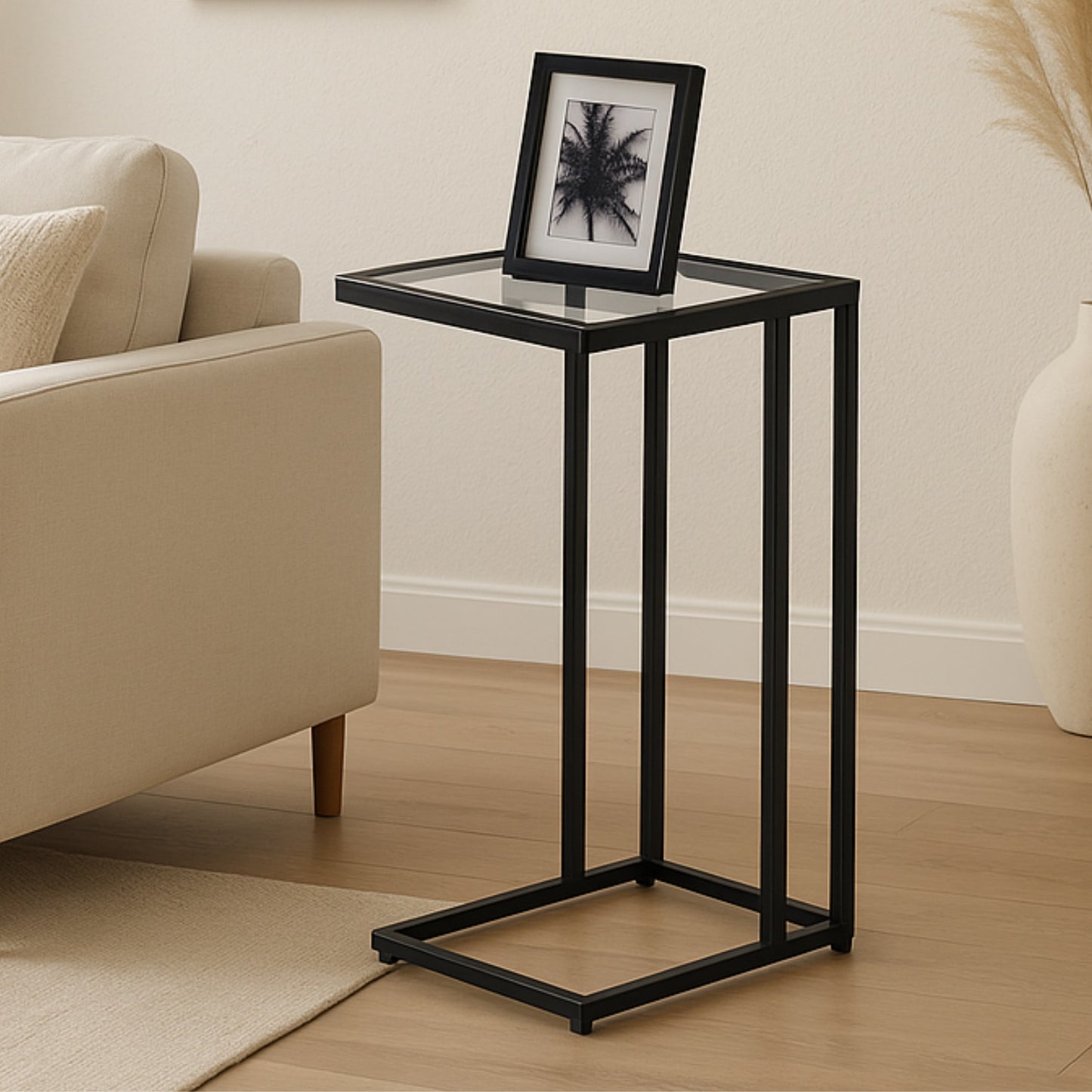 Tempered Glass C-Shaped Side Table - Metal Sofa End Table for Living Room Black