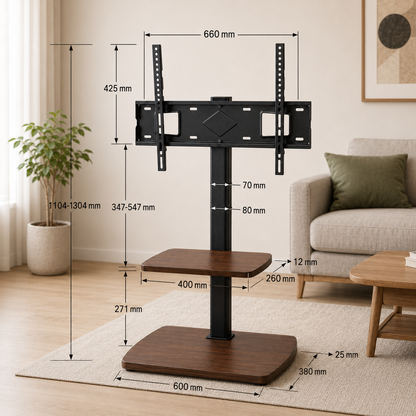 2 Tier Adjustable TV Media Floor Stand with 2 Shelves - Universal TV Mount 32-65 Inch
