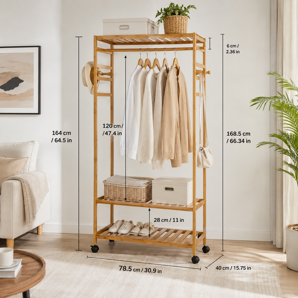Bamboo 4-in-1 Open Wardrobe with Shoe Rack - Bedroom Clothes Storage Organiser