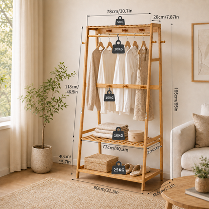 Bamboo Clothes Rail with 2 Shelves - Freestanding Garment Rack Bedroom Storage