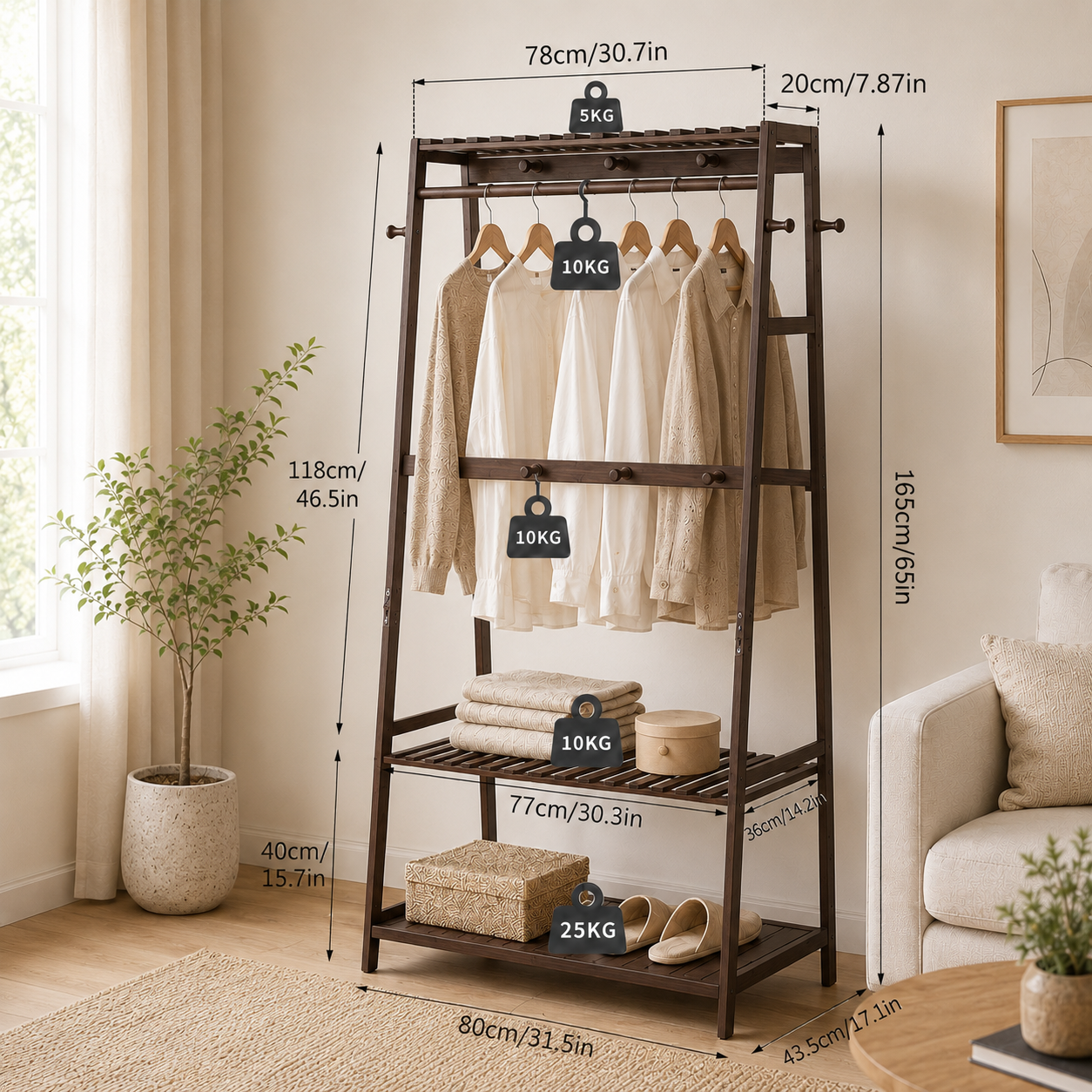 Bamboo Clothes Rail with 2 Shelves - Freestanding Garment Rack Bedroom Storage
