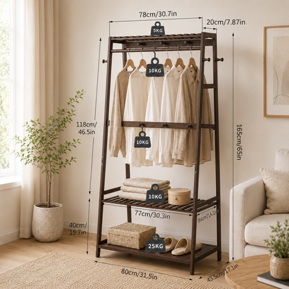Bamboo Clothes Rail with 2 Shelves - Freestanding Garment Rack Bedroom Storage