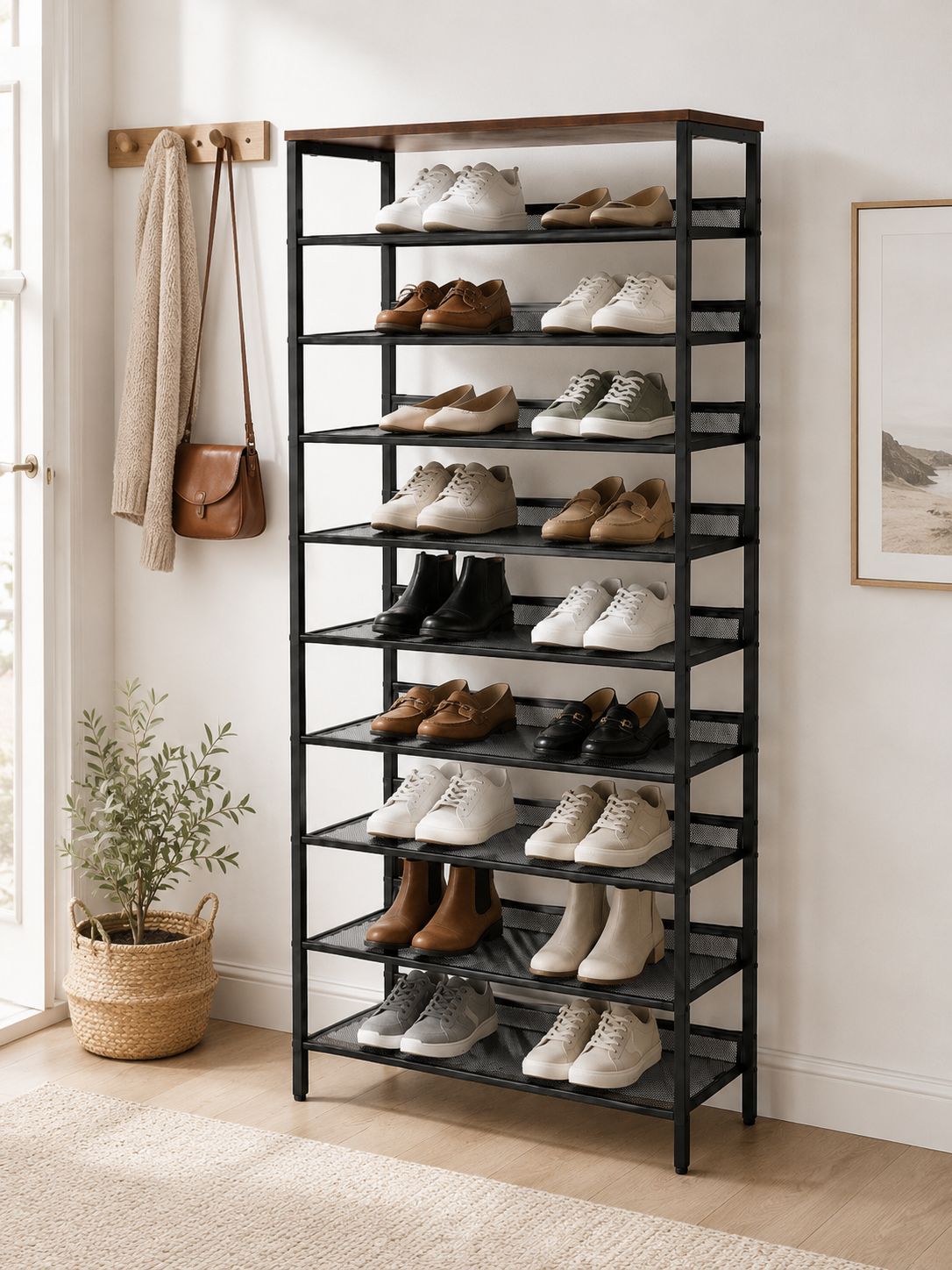 10 Tier Tall Shoe Rack - Free Standing Shoe Storage Organiser for 30 Pairs