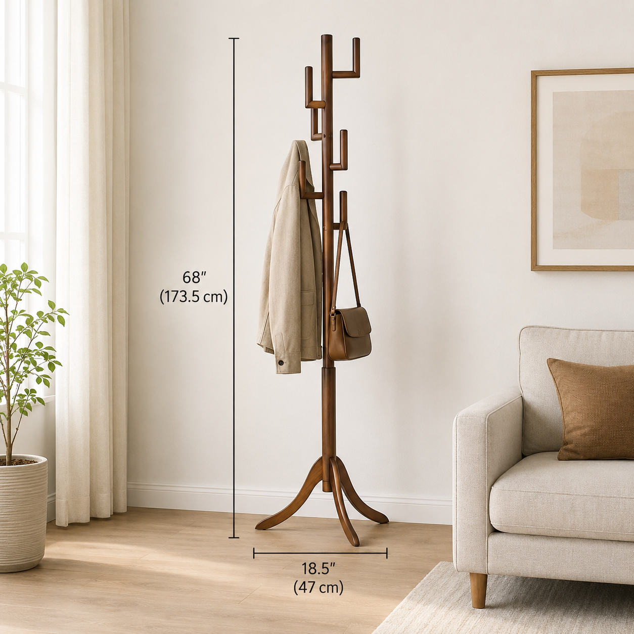 Wooden Coat Stand with 6 Hooks - Freestanding Hat & Coat Hanger Tree Rack