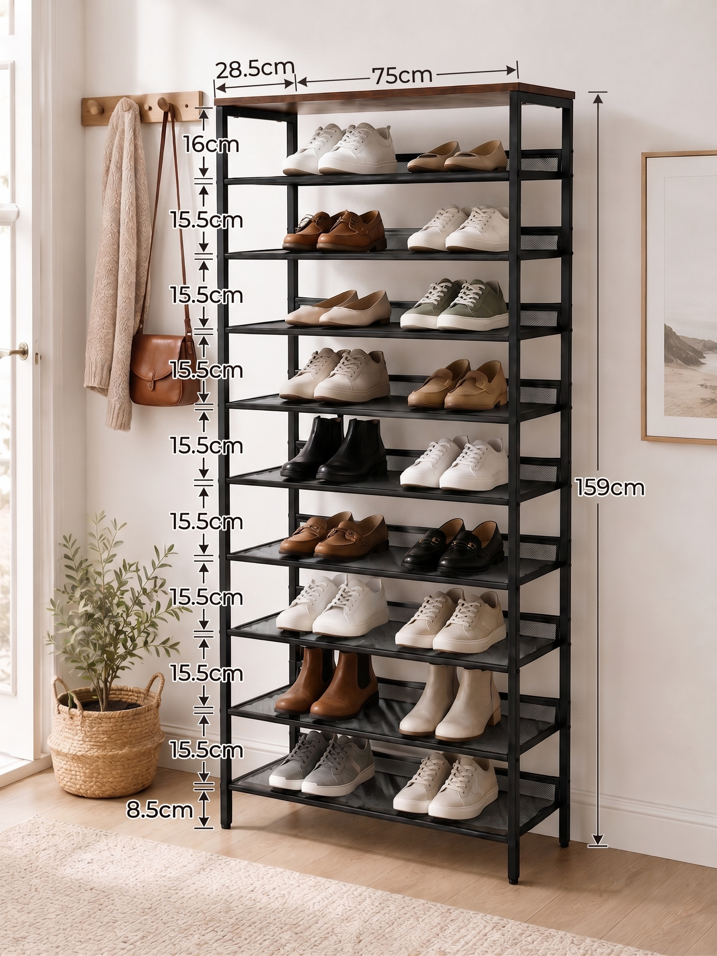 10 Tier Tall Shoe Rack - Free Standing Shoe Storage Organiser for 30 Pairs