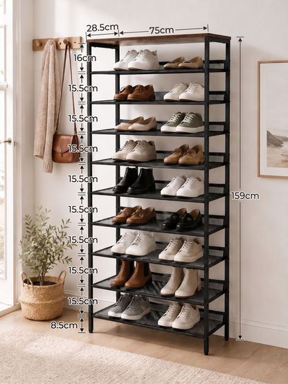 10 Tier Tall Shoe Rack - Free Standing Shoe Storage Organiser for 30 Pairs
