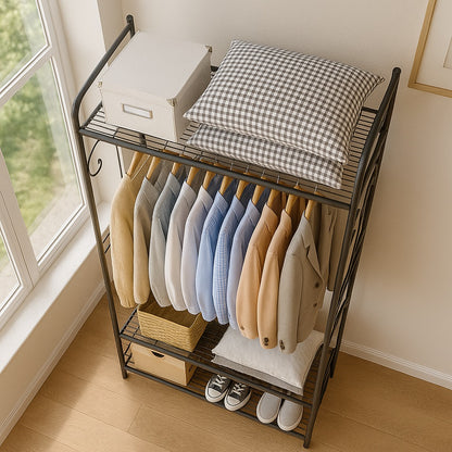 Heavy Duty Metal Open Wardrobe with 2 Shelves - Large Clothes Rail Garment Rack Storage