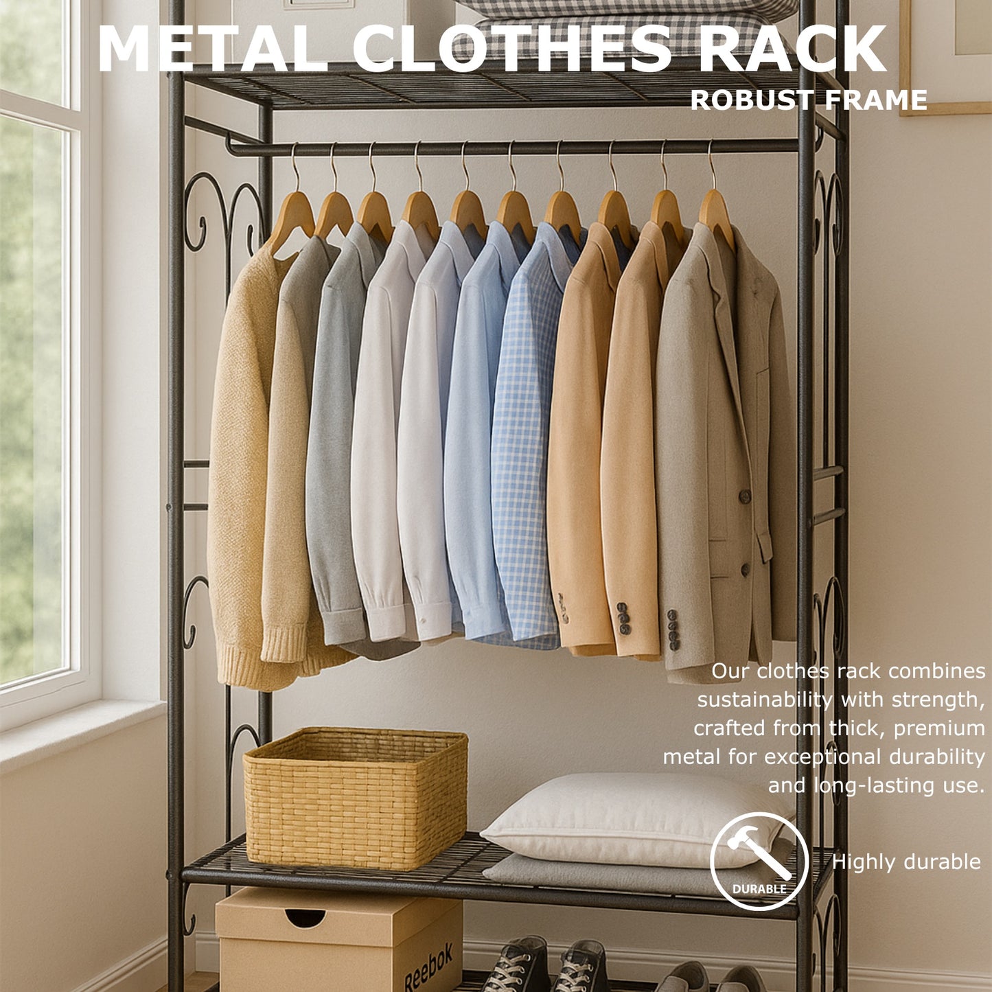 Heavy Duty Metal Open Wardrobe with 2 Shelves - Large Clothes Rail Garment Rack Storage