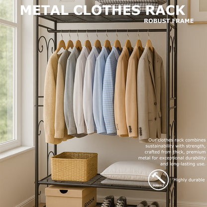 Heavy Duty Metal Open Wardrobe with 2 Shelves - Large Clothes Rail Garment Rack Storage