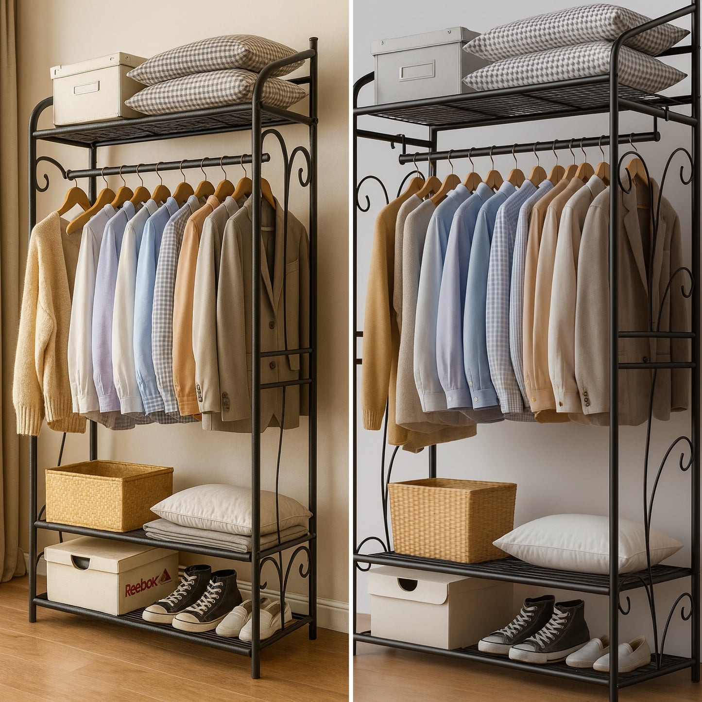 Heavy Duty Metal Open Wardrobe with 2 Shelves - Large Clothes Rail Garment Rack Storage