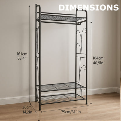 Heavy Duty Metal Open Wardrobe with 2 Shelves - Large Clothes Rail Garment Rack Storage