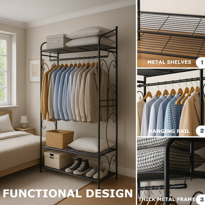 Heavy Duty Metal Open Wardrobe with 2 Shelves - Large Clothes Rail Garment Rack Storage