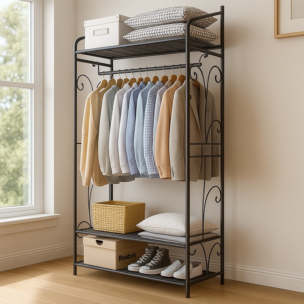Heavy Duty Metal Open Wardrobe with 2 Shelves - Large Clothes Rail Garment Rack Storage