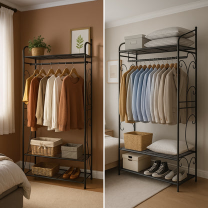 Heavy Duty Metal Open Wardrobe with 2 Shelves - Large Clothes Rail Garment Rack Storage