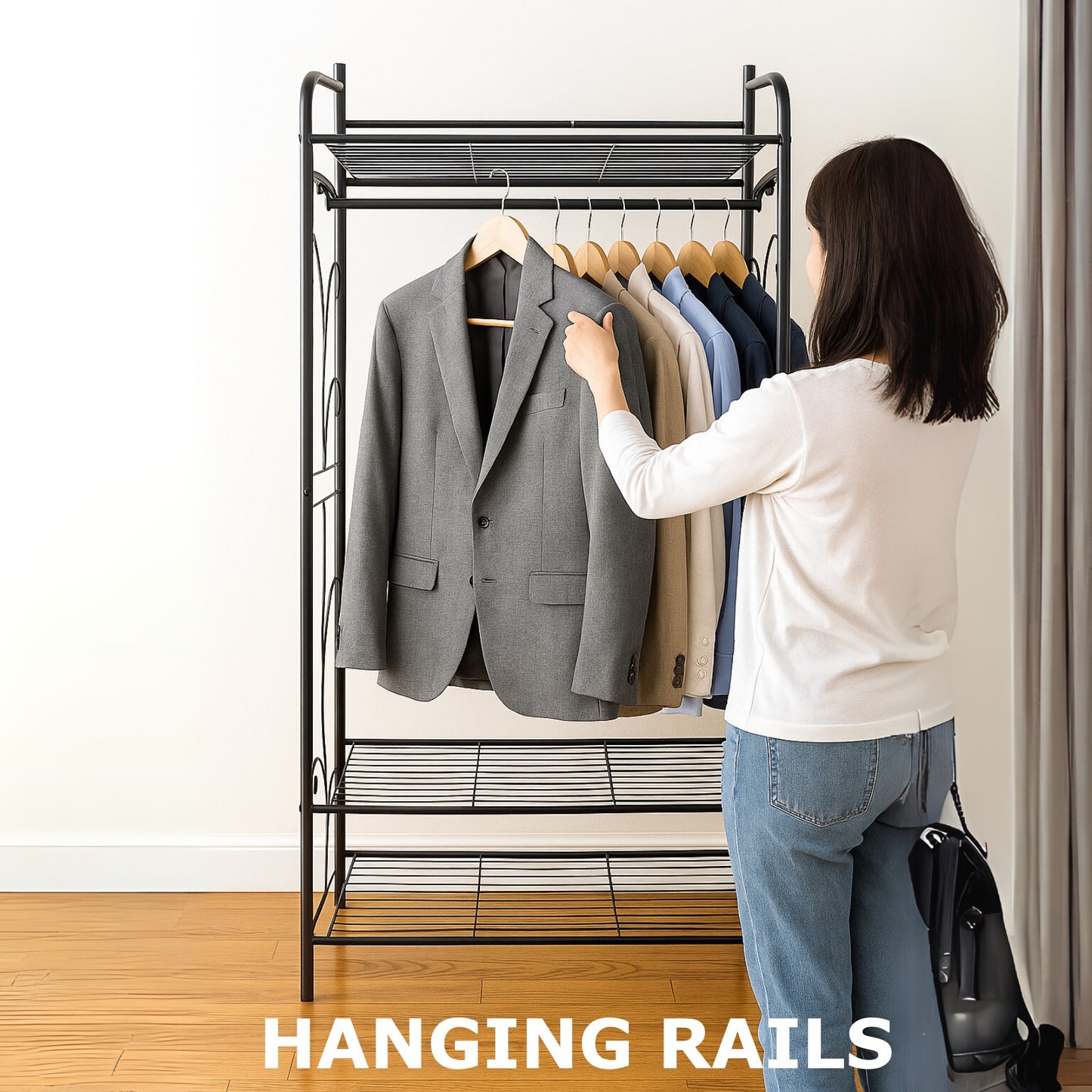 Heavy Duty Metal Open Wardrobe with 2 Shelves - Large Clothes Rail Garment Rack Storage