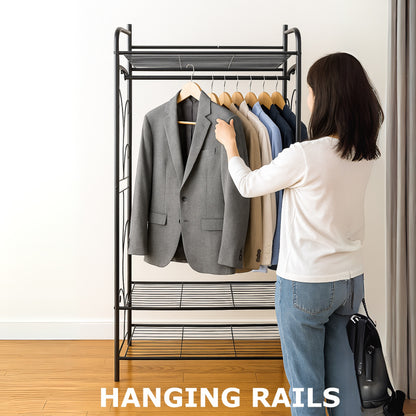Heavy Duty Metal Open Wardrobe with 2 Shelves - Large Clothes Rail Garment Rack Storage