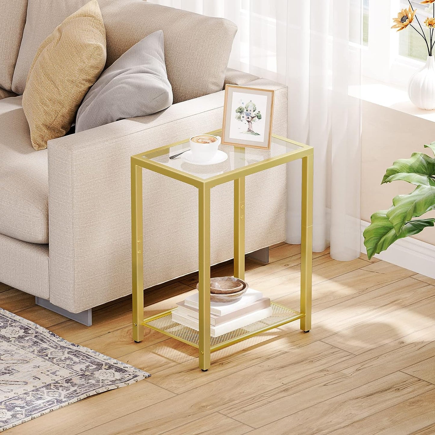 Small Industrial Coffee Table with Metal Mesh Storage Shelf - Living Room Side Table