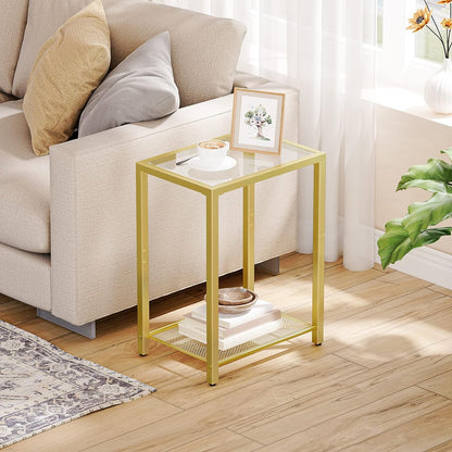 Small Industrial Coffee Table with Metal Mesh Storage Shelf - Living Room Side Table