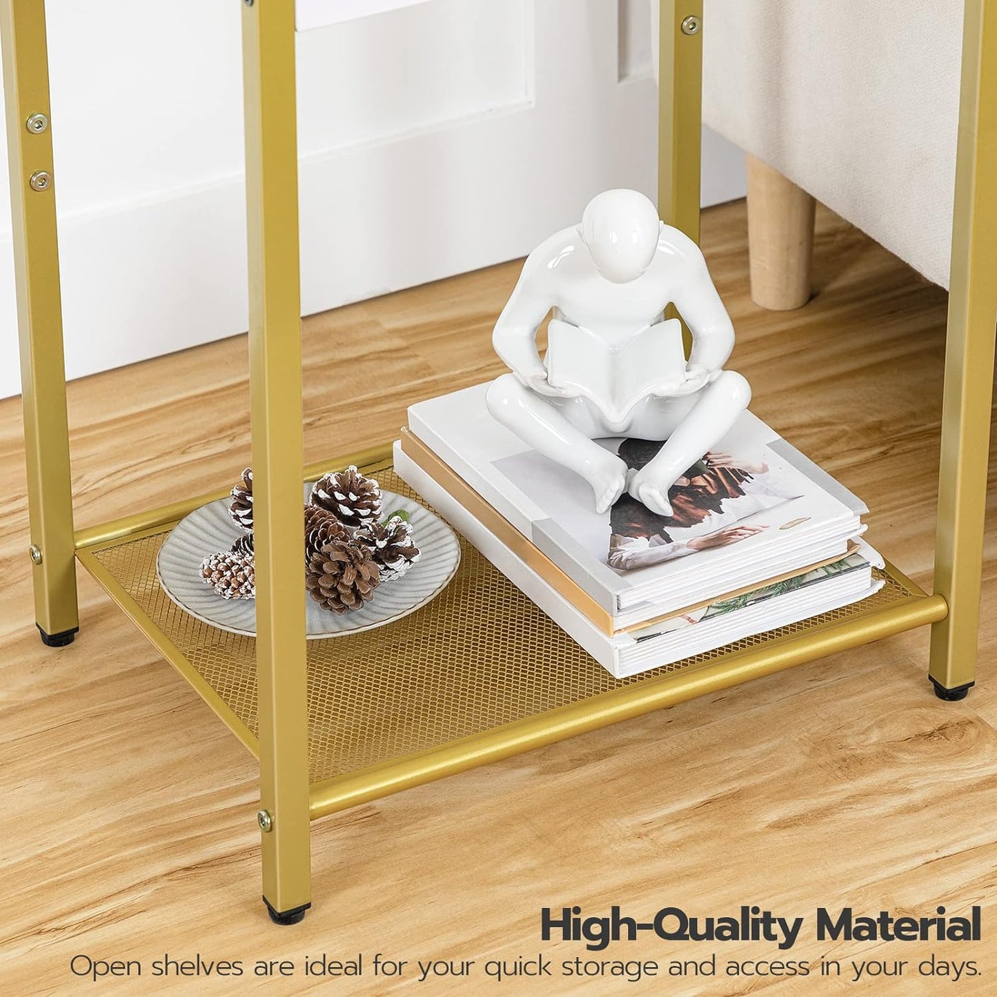 Small Industrial Coffee Table with Metal Mesh Storage Shelf - Living Room Side Table