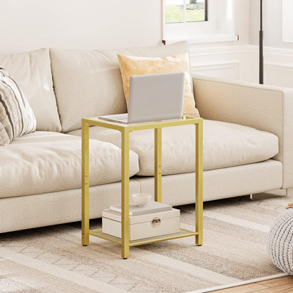 Small Industrial Coffee Table with Metal Mesh Storage Shelf - Living Room Side Table