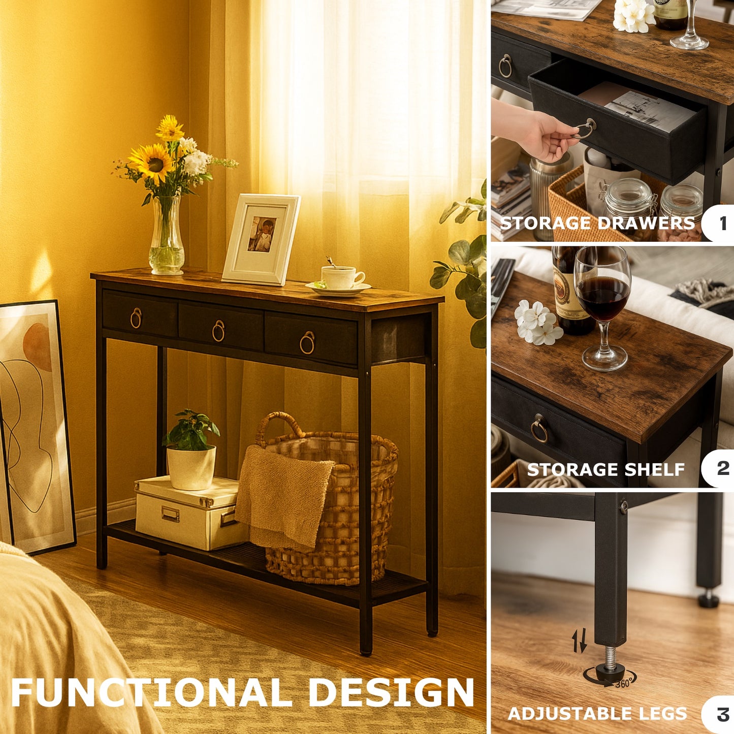 Slim Console Table with 3 Fabric Drawers - Narrow Hallway Entryway Storage Table