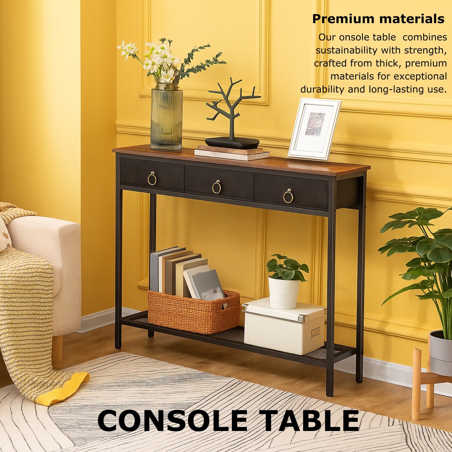 Slim Console Table with 3 Fabric Drawers - Narrow Hallway Entryway Storage Table
