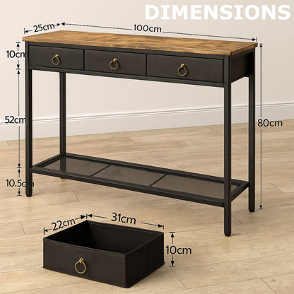 Slim Console Table with 3 Fabric Drawers - Narrow Hallway Entryway Storage Table