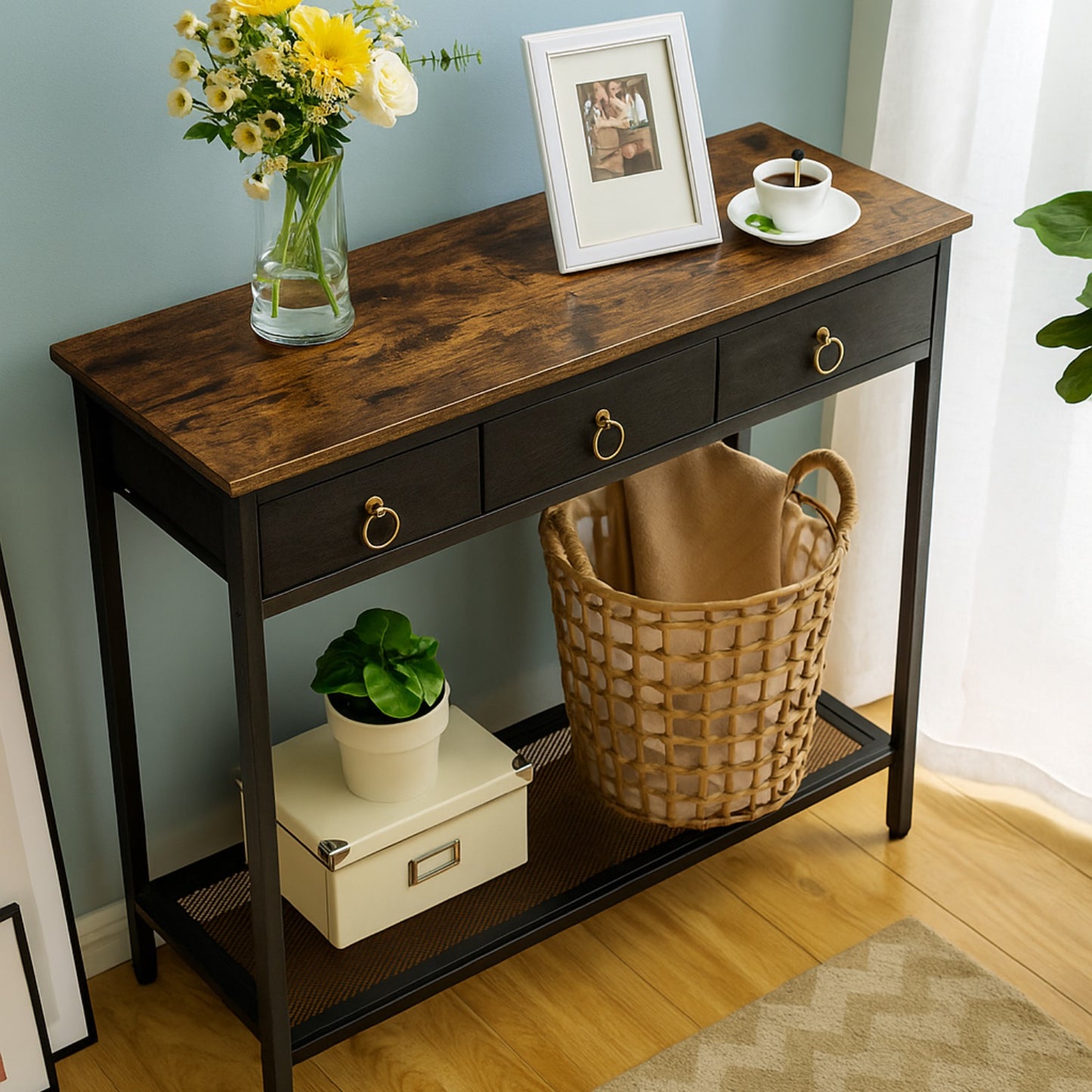 Slim Console Table with 3 Fabric Drawers - Narrow Hallway Entryway Storage Table