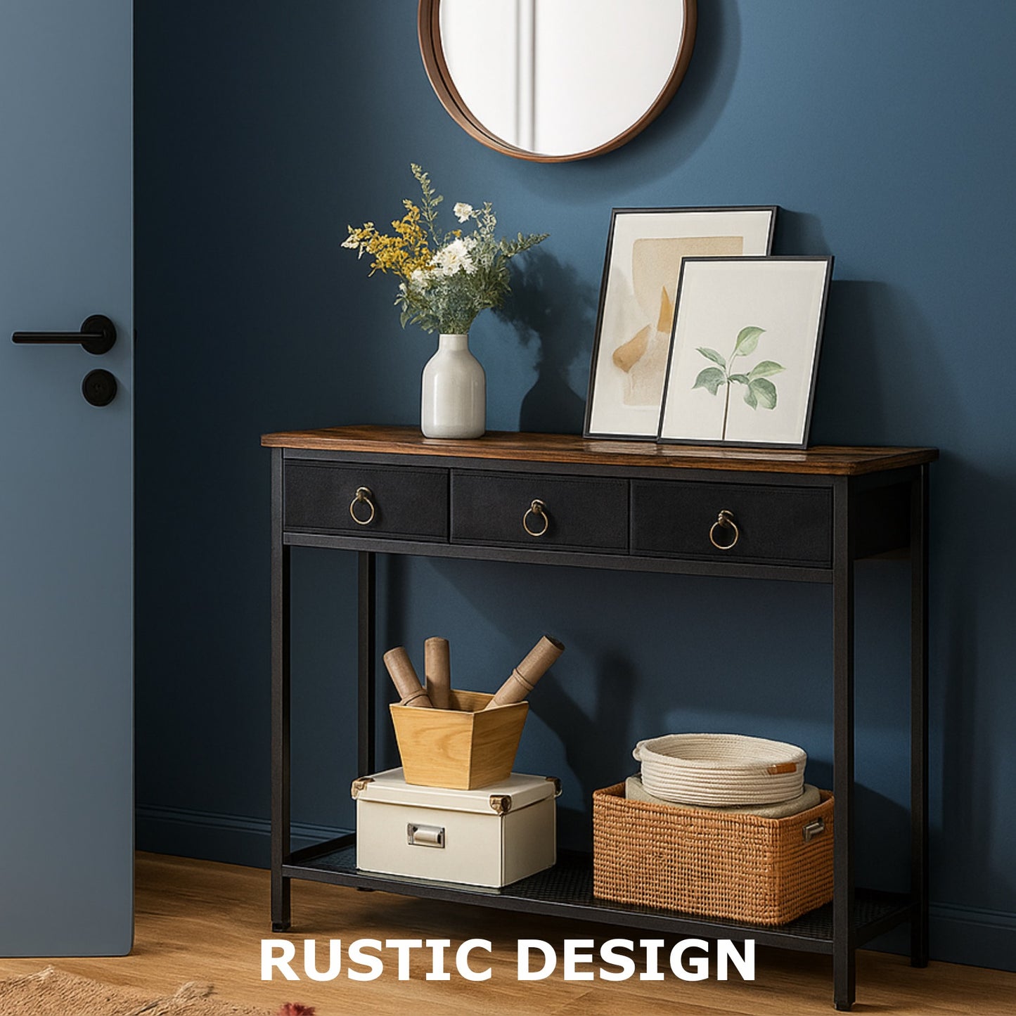Slim Console Table with 3 Fabric Drawers - Narrow Hallway Entryway Storage Table