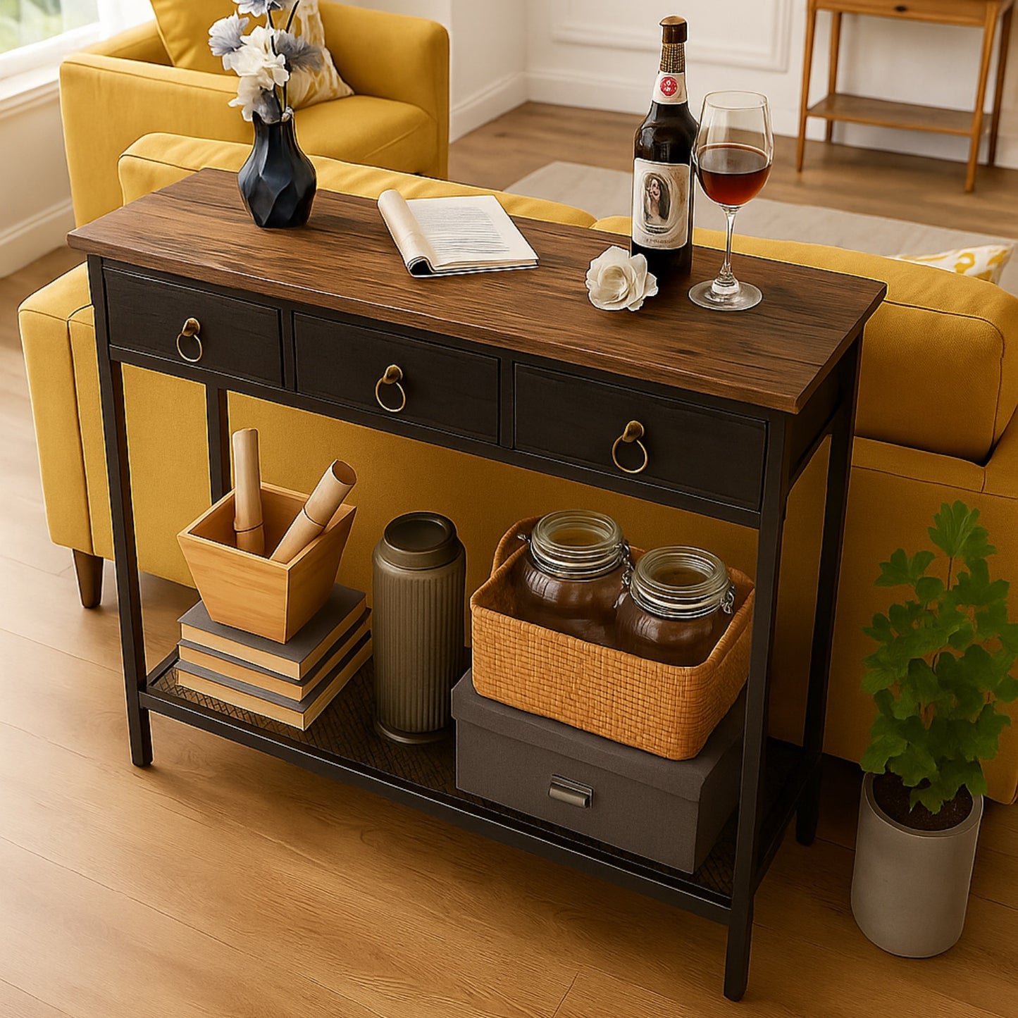 Slim Console Table with 3 Fabric Drawers - Narrow Hallway Entryway Storage Table