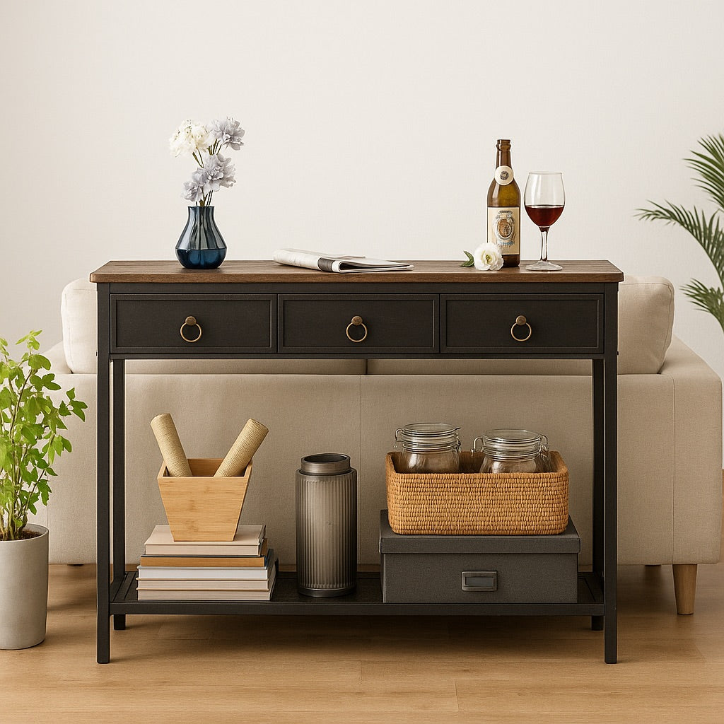 Slim Console Table with 3 Fabric Drawers - Narrow Hallway Entryway Storage Table