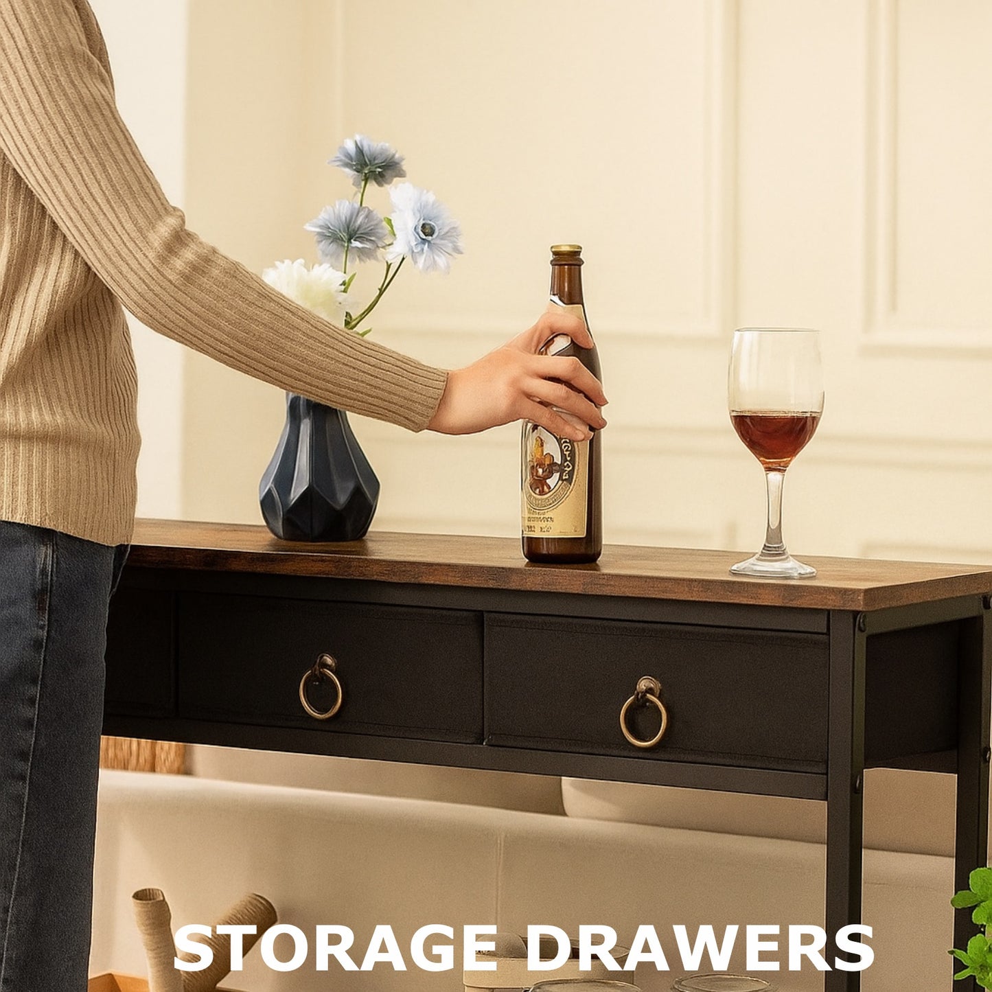 Slim Console Table with 3 Fabric Drawers - Narrow Hallway Entryway Storage Table