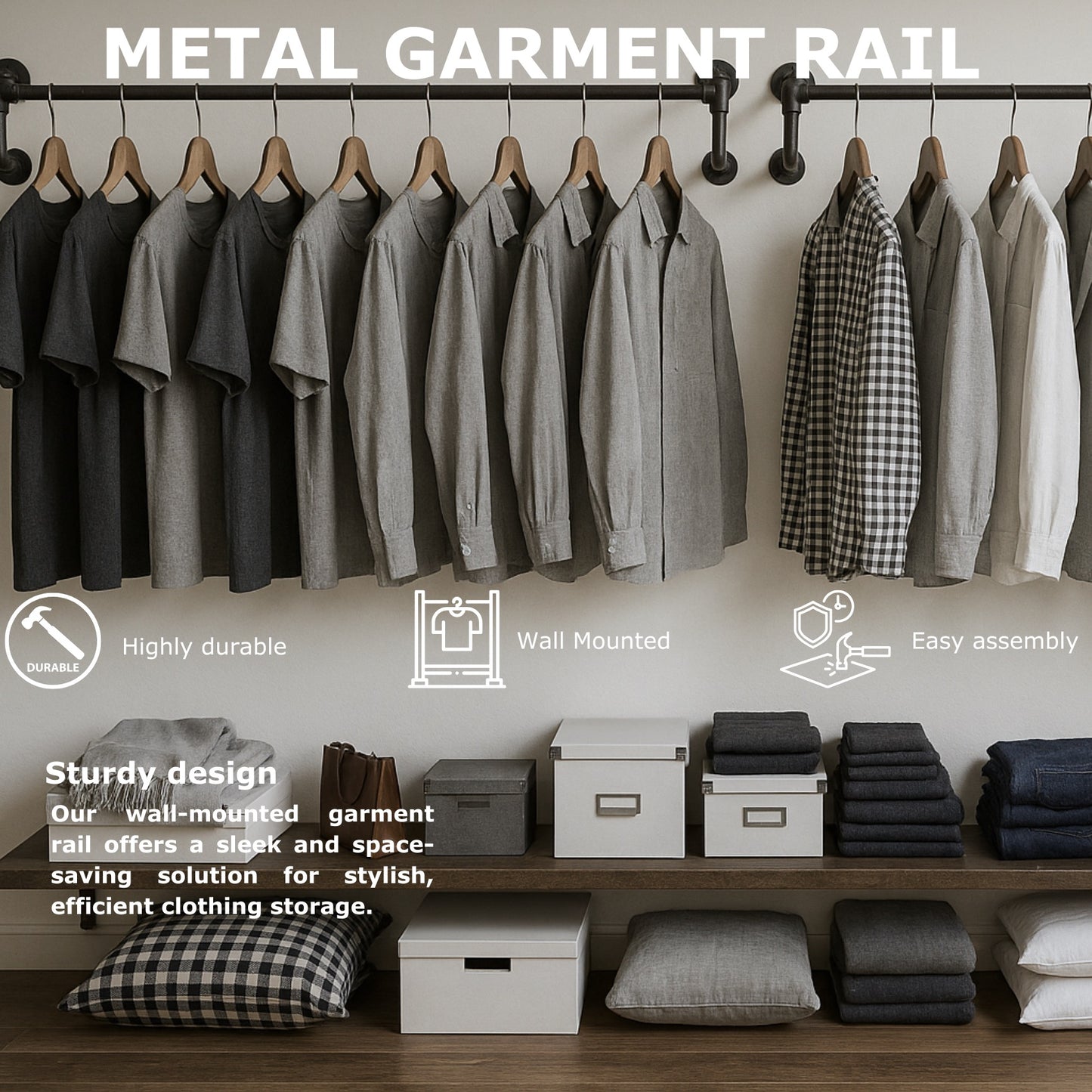 Industrial Heavy Duty Wall-Mounted Hanging Rail - Pipe Floating Clothes Rack Storage