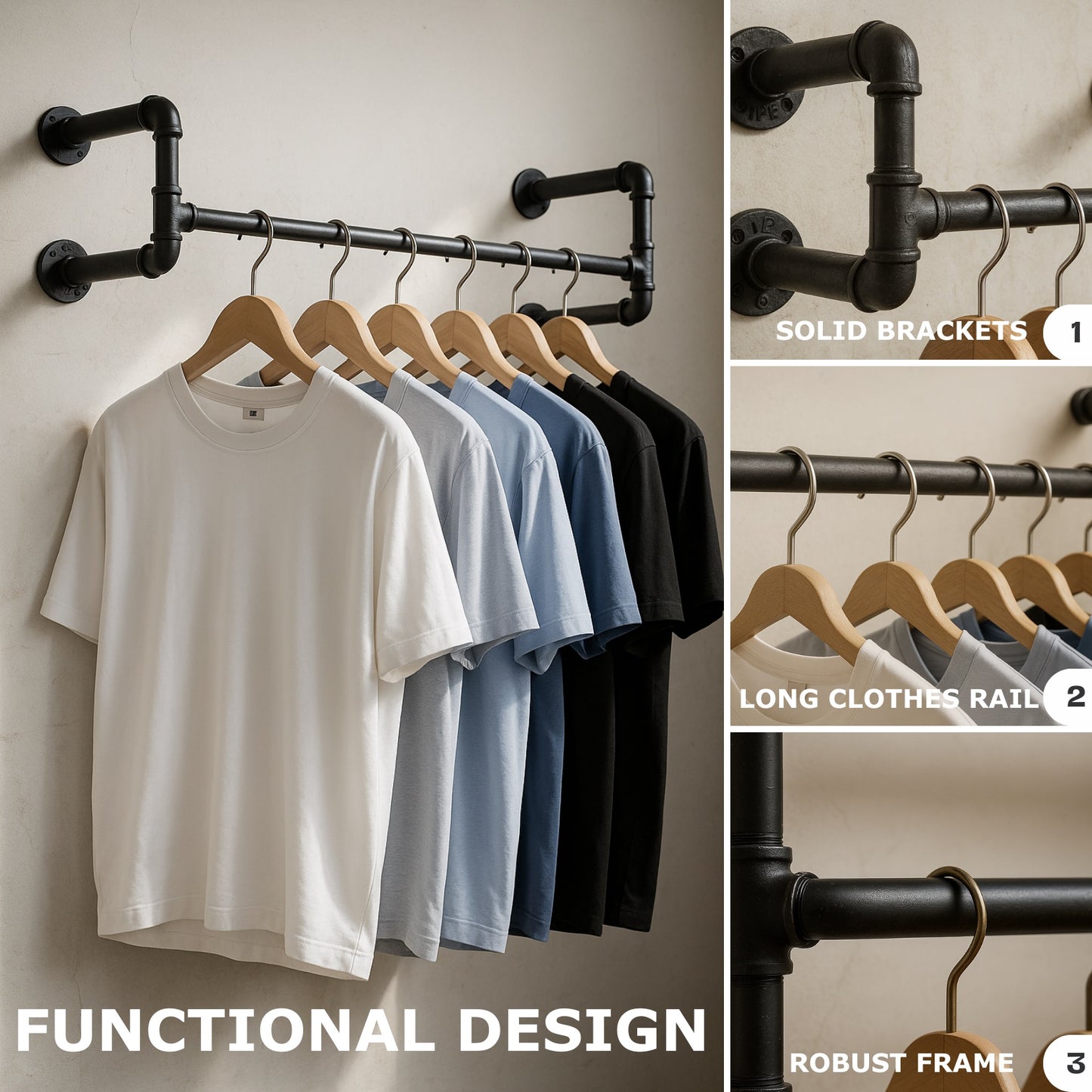 Industrial Heavy Duty Wall-Mounted Hanging Rail - Pipe Floating Clothes Rack Storage