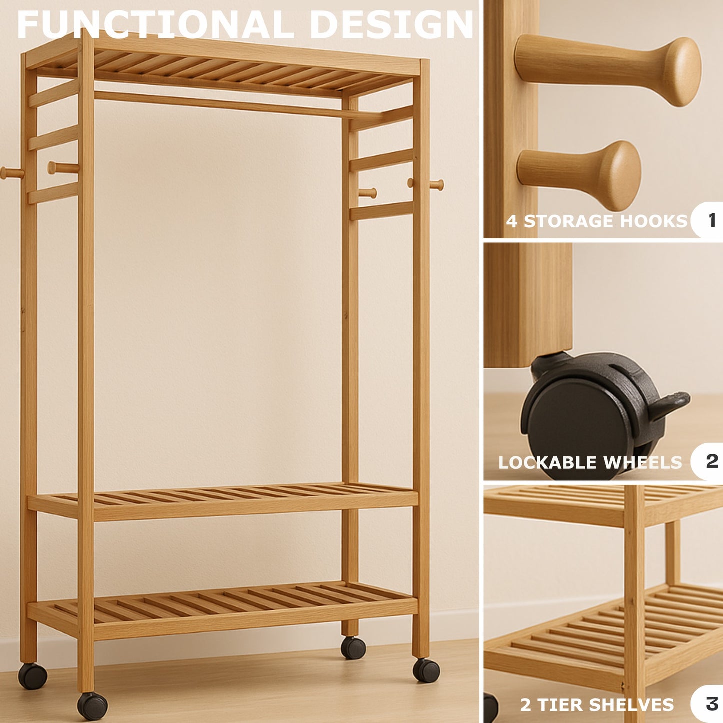 Bamboo 4-in-1 Open Wardrobe with Shoe Rack - Bedroom Clothes Storage Organiser